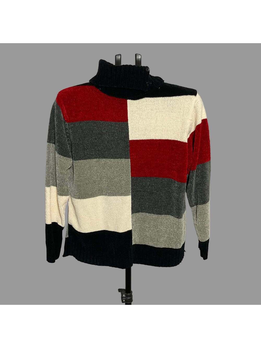 Erika Colorblock Chenille Sweater Button Mock Neck Petite Red Grey Black